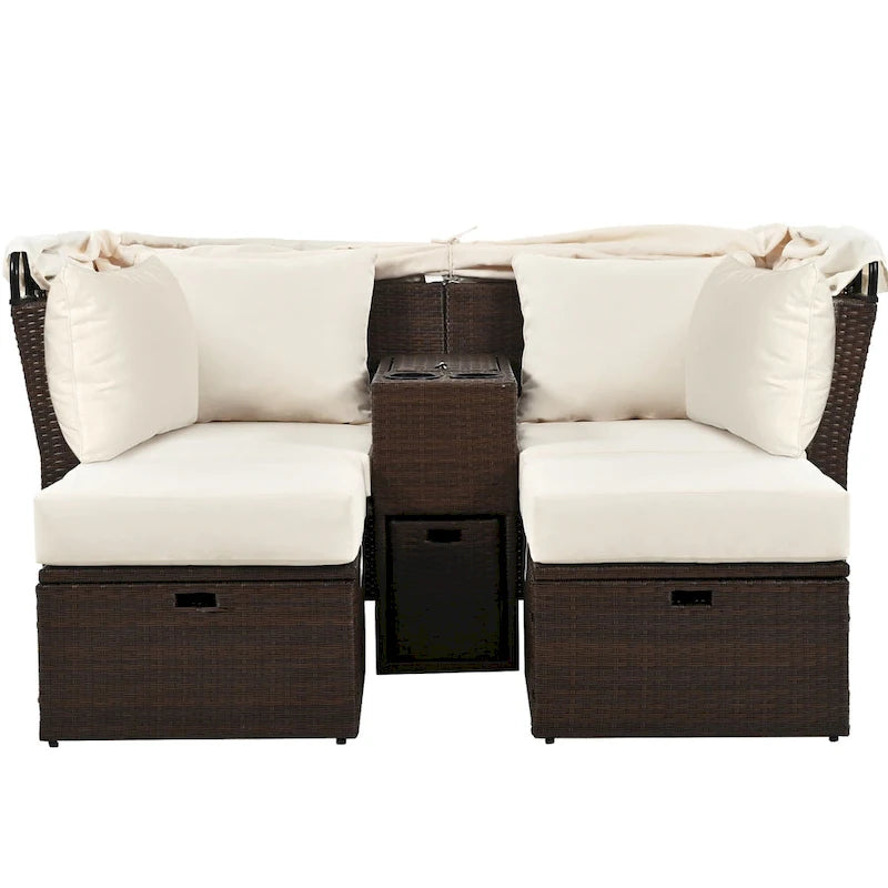 Convertible Outdoor Patio Daybed Loveseat Sofa Set with Retractable Canopy and Central Console