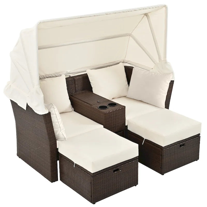 Convertible Outdoor Patio Daybed Loveseat Sofa Set with Retractable Canopy and Central Console