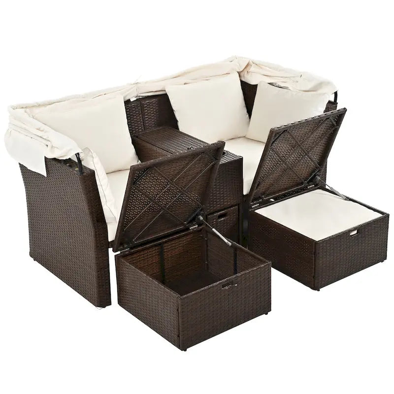Convertible Outdoor Patio Daybed Loveseat Sofa Set with Retractable Canopy and Central Console