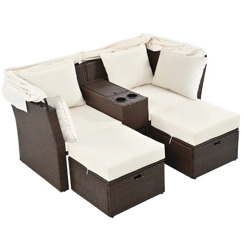 Convertible Outdoor Patio Daybed Loveseat Sofa Set with Retractable Canopy and Central Console
