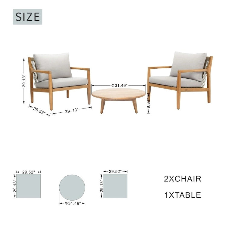 3-piece Acacia Wood Patio Sofa Set with A Sleek Coffee/ Side Table