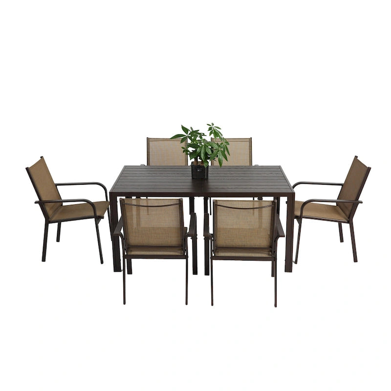 7 Pieces Patio Dining Set, Rectangular Dining Table and 6 Stackable Chairs, Outdoor Courtyard Conversation Casual Set