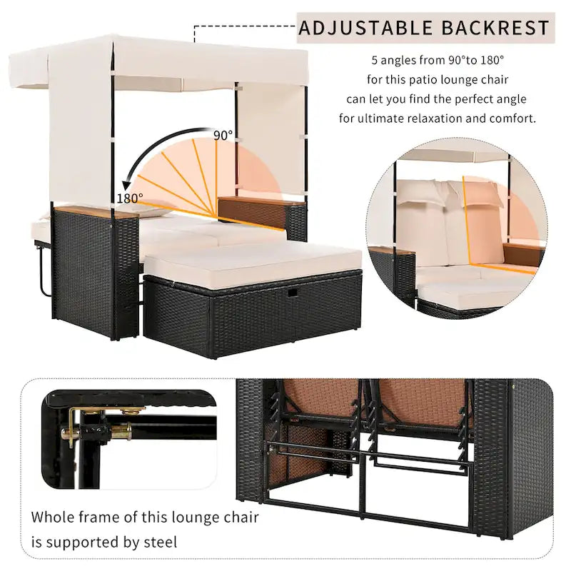 2-Piece Outdoor Patio Rattan Canopy Daybed Sunbed with 5 Positions Adjustable Backrest and Storage Bench