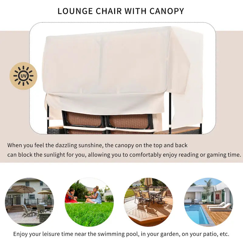 2-Piece Outdoor Patio Rattan Canopy Daybed Sunbed with 5 Positions Adjustable Backrest and Storage Bench