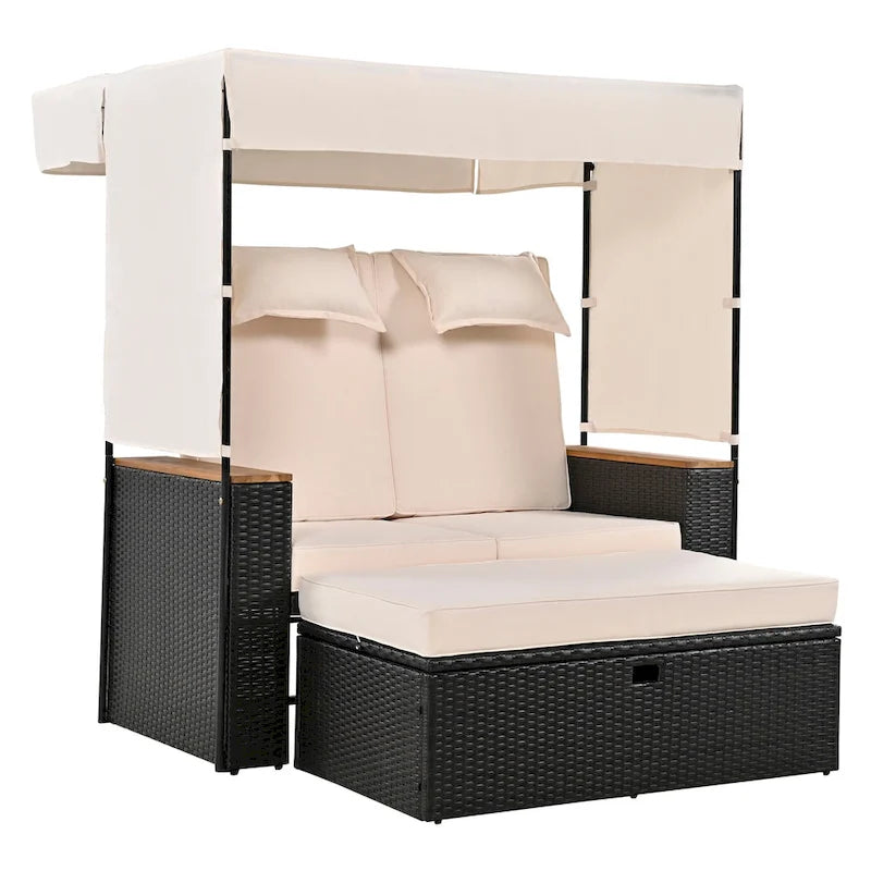 2-Piece Outdoor Patio Rattan Canopy Daybed Sunbed with 5 Positions Adjustable Backrest and Storage Bench