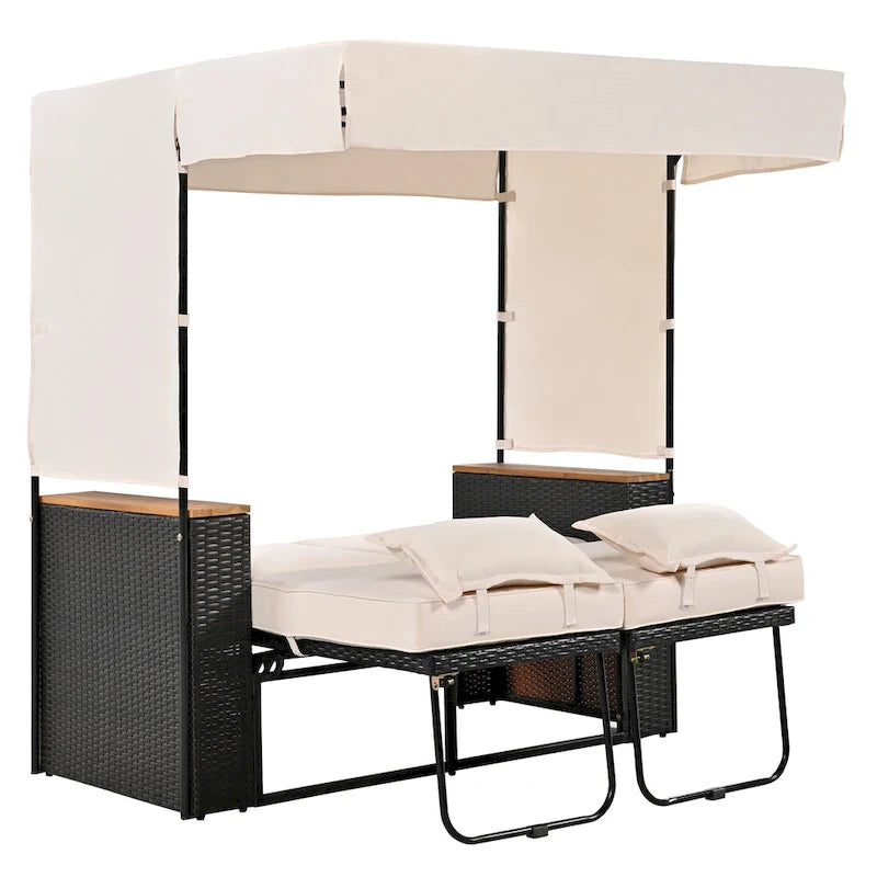 2-Piece Outdoor Patio Rattan Canopy Daybed Sunbed with 5 Positions Adjustable Backrest and Storage Bench