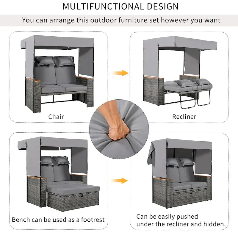 2-Piece Outdoor Patio Rattan Canopy Daybed Sunbed with 5 Positions Adjustable Backrest and Storage Bench