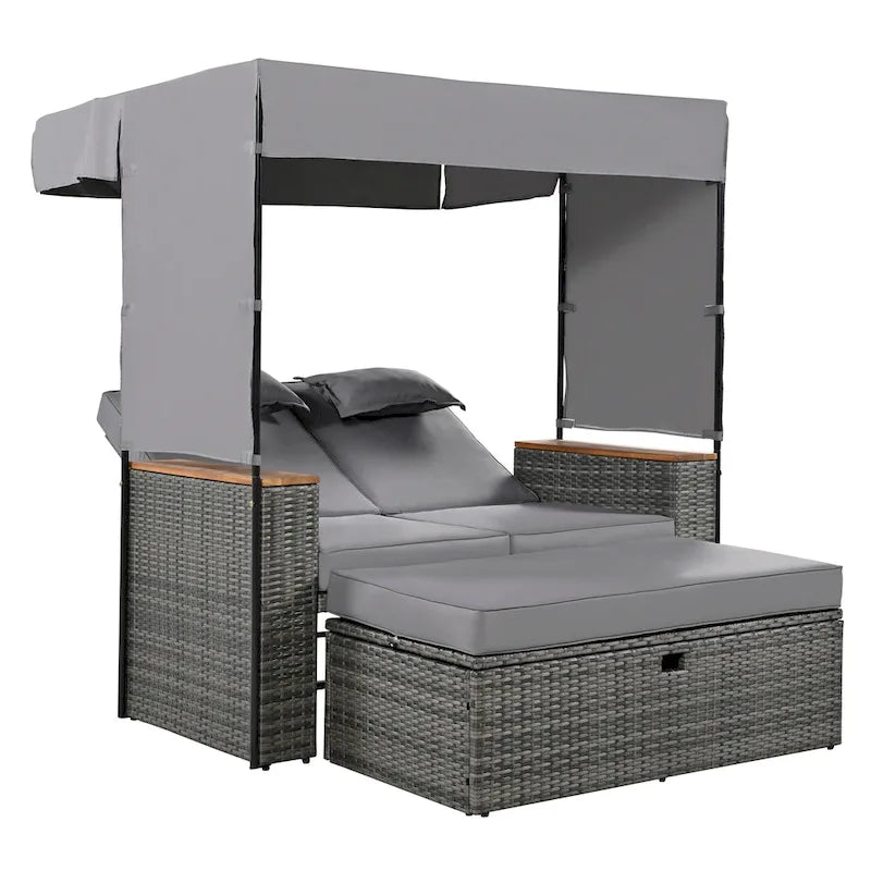 2-Piece Outdoor Patio Rattan Canopy Daybed Sunbed with 5 Positions Adjustable Backrest and Storage Bench
