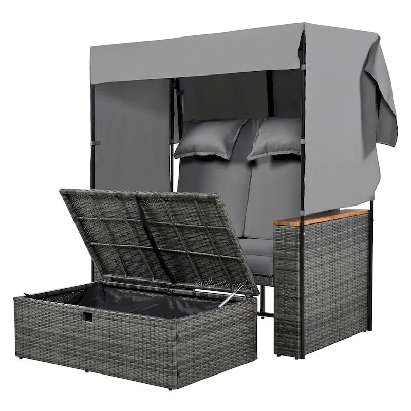2-Piece Outdoor Patio Rattan Canopy Daybed Sunbed with 5 Positions Adjustable Backrest and Storage Bench