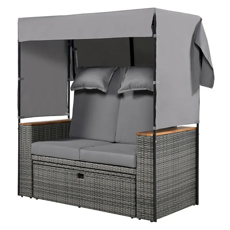 2-Piece Outdoor Patio Rattan Canopy Daybed Sunbed with 5 Positions Adjustable Backrest and Storage Bench