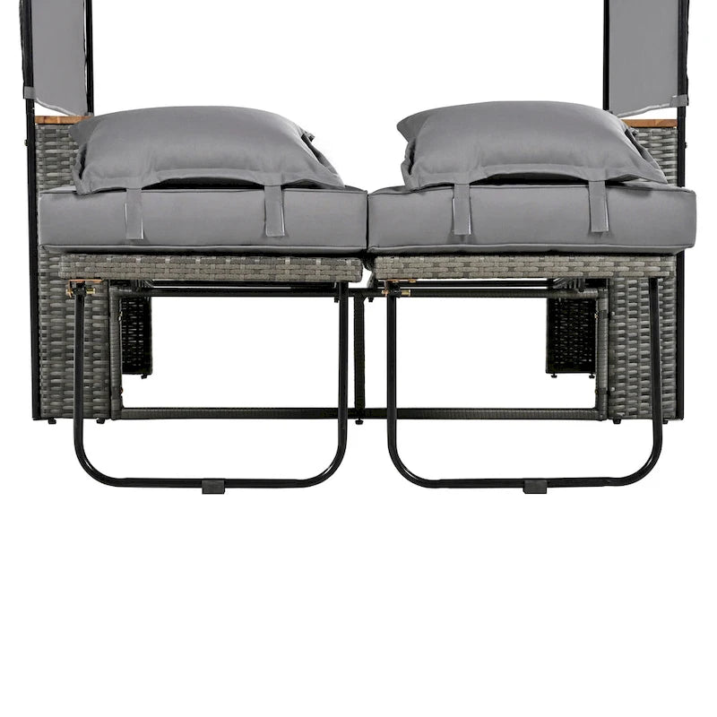 2-Piece Outdoor Patio Rattan Canopy Daybed Sunbed with 5 Positions Adjustable Backrest and Storage Bench