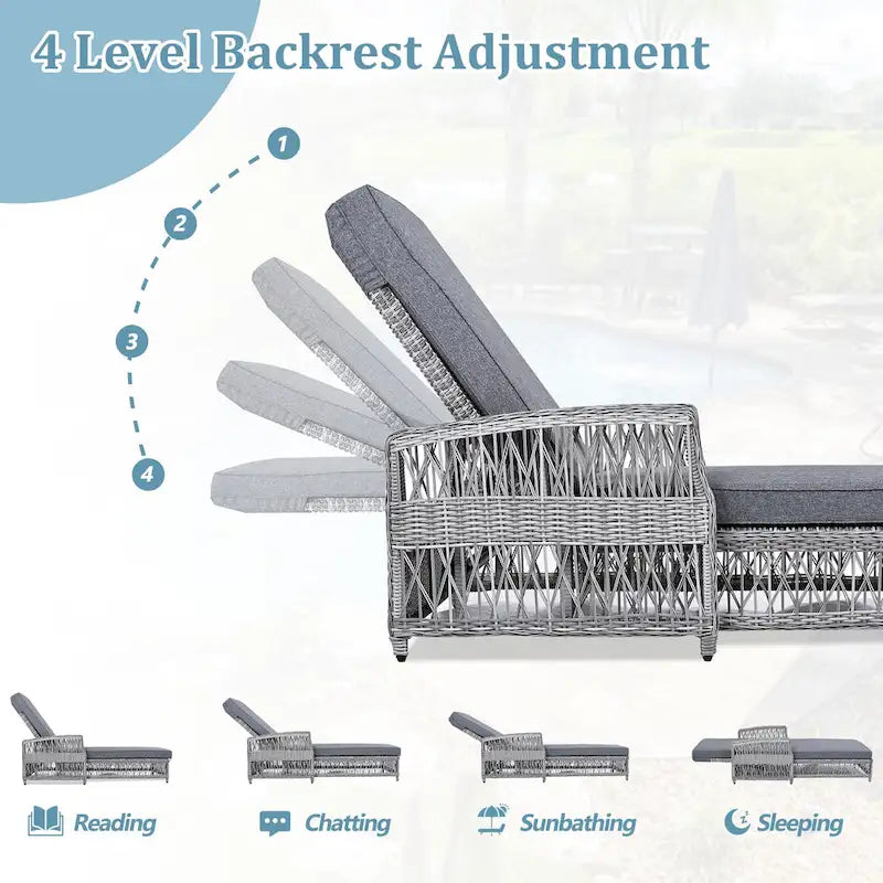 All Weather Rattan Pool Adjustable Wicker Lounge with Armrests & Soft Removable Cushions