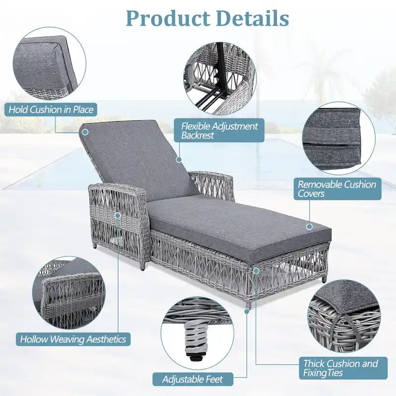 All Weather Rattan Pool Adjustable Wicker Lounge with Armrests & Soft Removable Cushions
