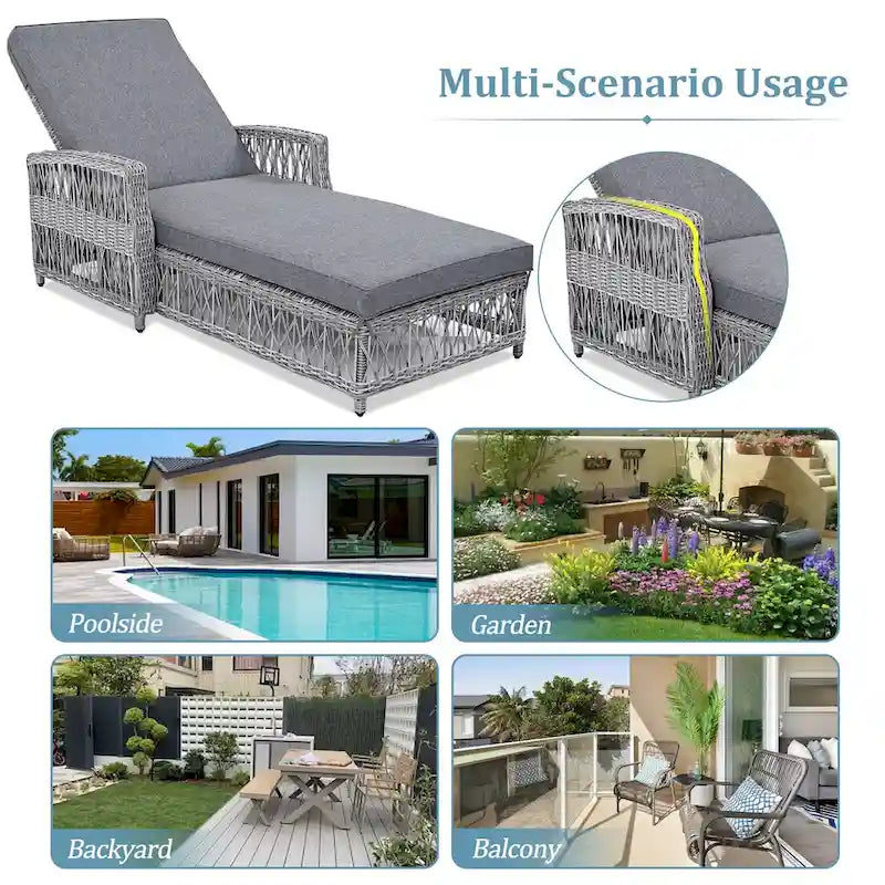 All Weather Rattan Pool Adjustable Wicker Lounge with Armrests & Soft Removable Cushions