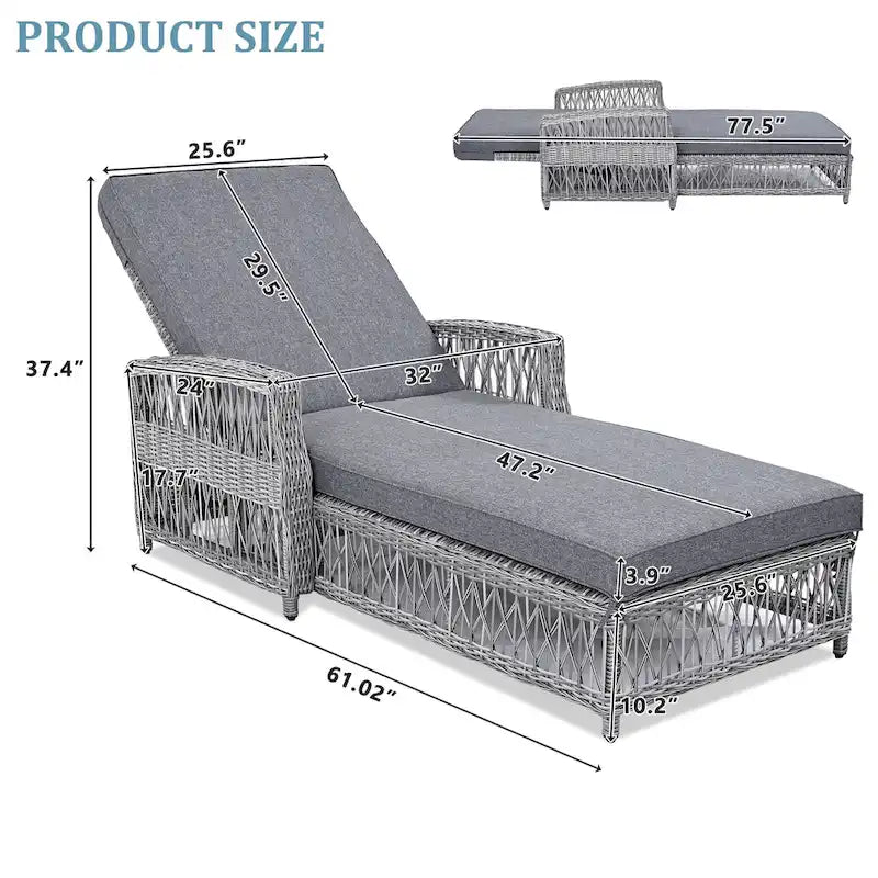 All Weather Rattan Pool Adjustable Wicker Lounge with Armrests & Soft Removable Cushions