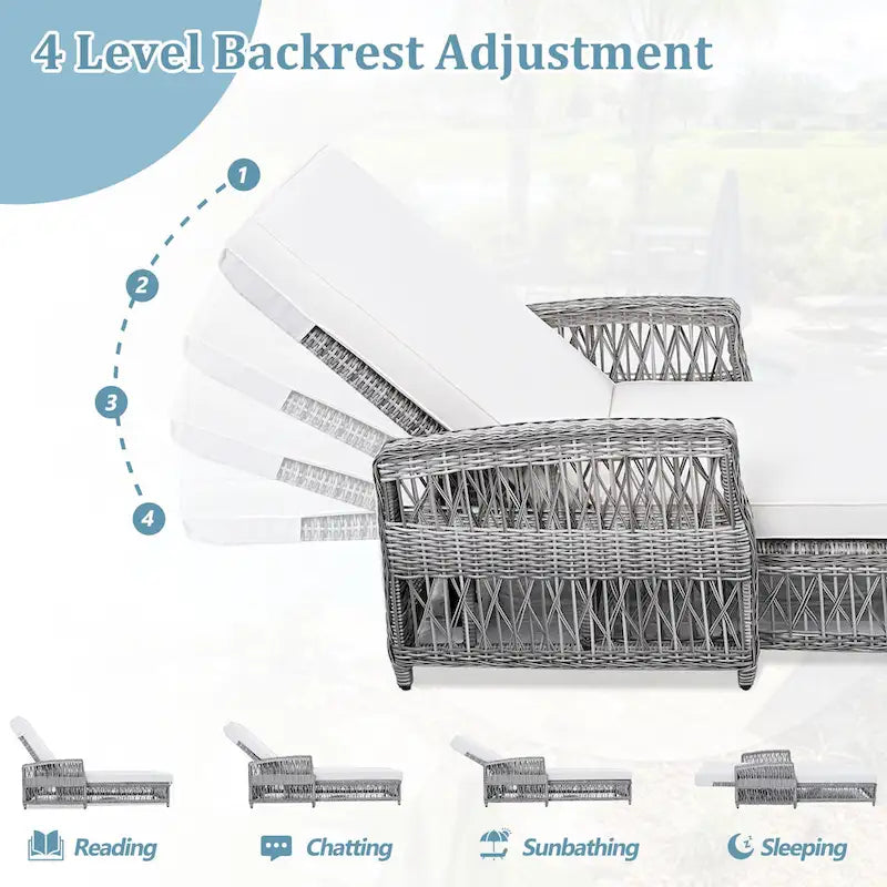 All Weather Rattan Pool Adjustable Wicker Lounge with Armrests & Soft Removable Cushions