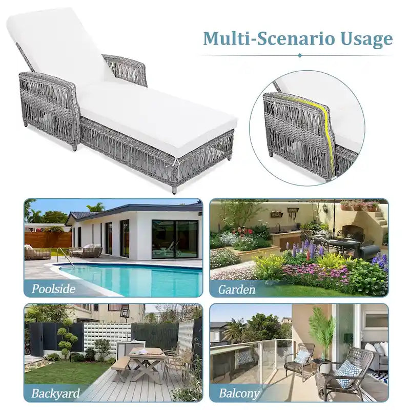 All Weather Rattan Pool Adjustable Wicker Lounge with Armrests & Soft Removable Cushions