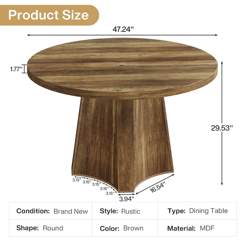 47" Round Dining Table for 4-6 People - Brown Farmhouse Style