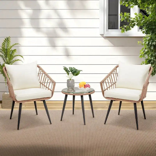 2-Person Outdoor Bistro Set with Cushions, All-Weather Patio Furniture Rattan Chairs & Tempered Glass Table for Porch