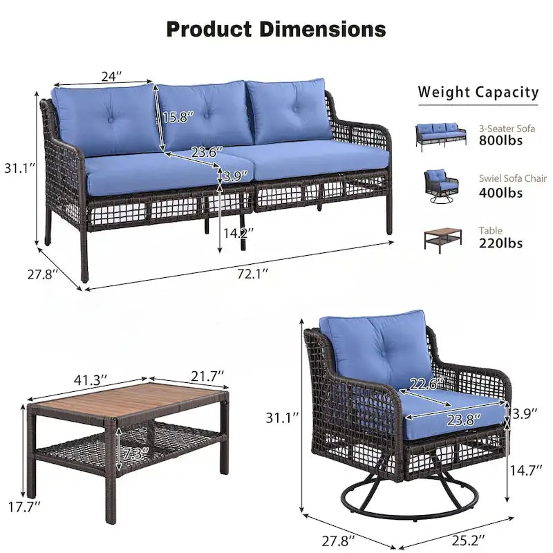 4 Pieces Patio Furniture Set with Swivel Chairs