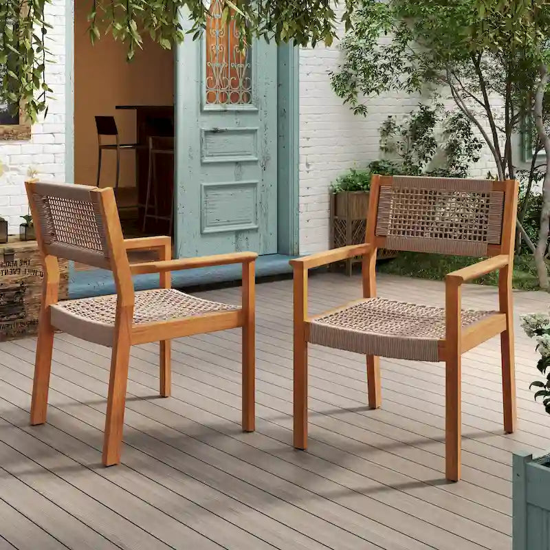 2pc Braided Dining Chair Set Light Brown Teak Acacia Wood and Rope Outdoor Patio Chairs 35in Tall 400lb Capacity