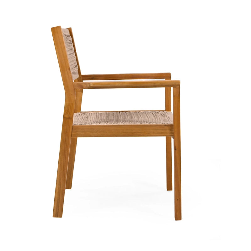 2pc Braided Dining Chair Set Light Brown Teak Acacia Wood and Rope Outdoor Patio Chairs 35in Tall 400lb Capacity