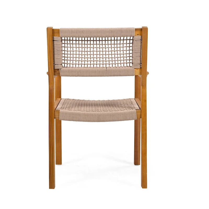 2pc Braided Dining Chair Set Light Brown Teak Acacia Wood and Rope Outdoor Patio Chairs 35in Tall 400lb Capacity