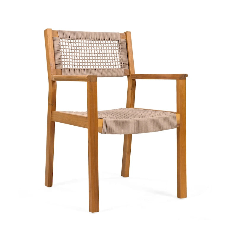 2pc Braided Dining Chair Set Light Brown Teak Acacia Wood and Rope Outdoor Patio Chairs 35in Tall 400lb Capacity