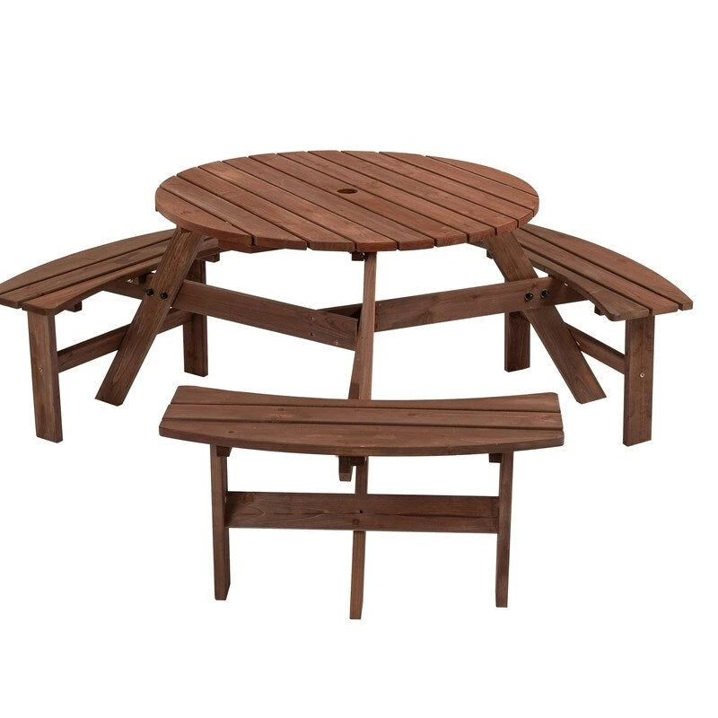 6-Person Round Wooden Outdoor Picnic Table With 3 Built-In Benches, Heavy-Duty 1720lb Capacity For Patio, Backyard.