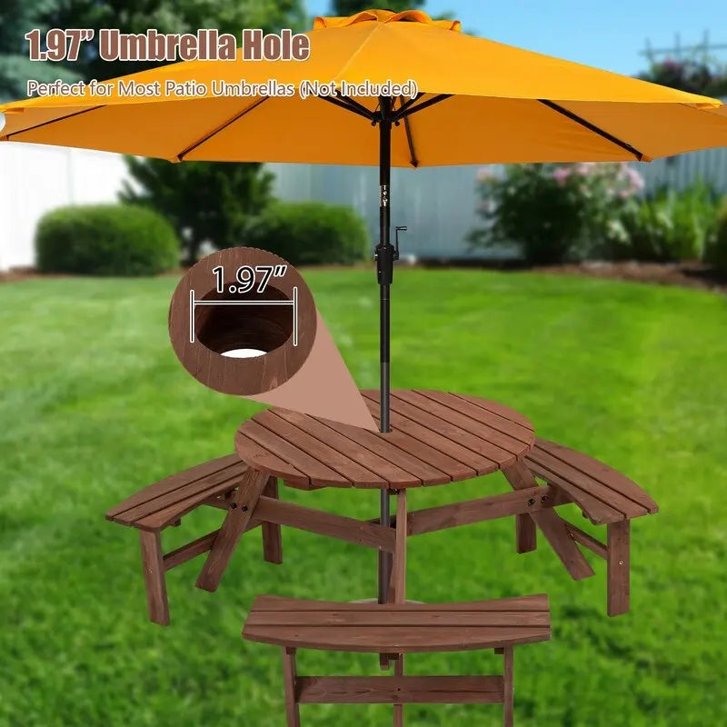 6-Person Round Wooden Outdoor Picnic Table With 3 Built-In Benches, Heavy-Duty 1720lb Capacity For Patio, Backyard.