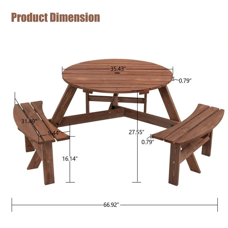 6-Person Round Wooden Outdoor Picnic Table With 3 Built-In Benches, Heavy-Duty 1720lb Capacity For Patio, Backyard.