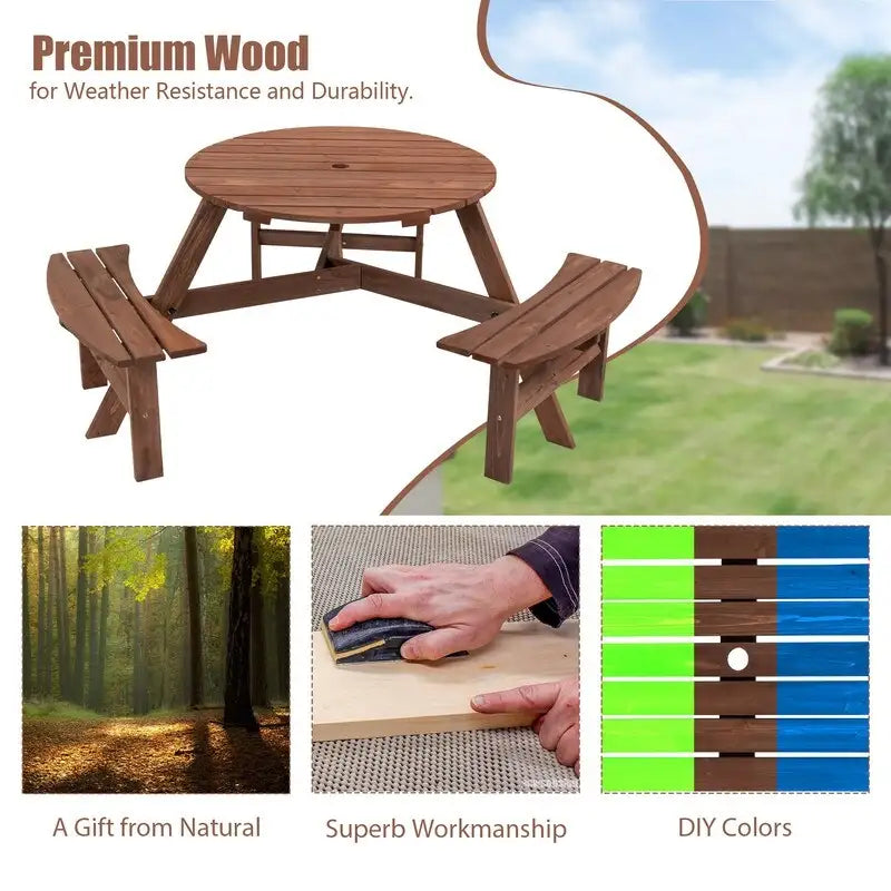 6-Person Round Wooden Outdoor Picnic Table With 3 Built-In Benches, Heavy-Duty 1720lb Capacity For Patio, Backyard.