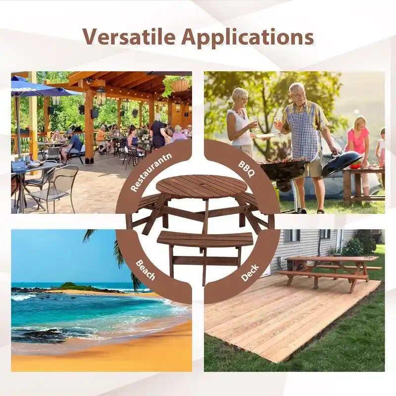 6-Person Round Wooden Outdoor Picnic Table With 3 Built-In Benches, Heavy-Duty 1720lb Capacity For Patio, Backyard.