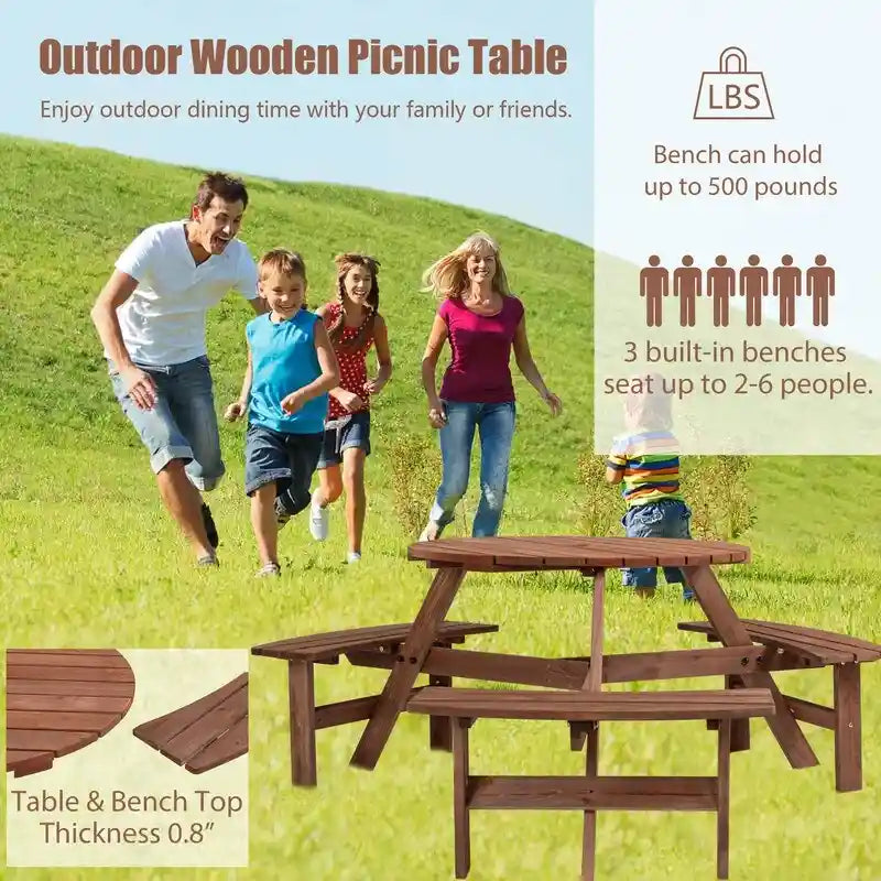 6-Person Round Wooden Outdoor Picnic Table With 3 Built-In Benches, Heavy-Duty 1720lb Capacity For Patio, Backyard.