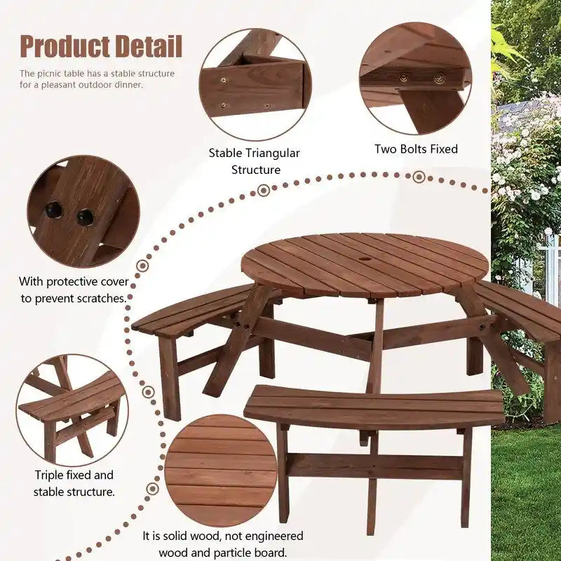 6-Person Round Wooden Outdoor Picnic Table With 3 Built-In Benches, Heavy-Duty 1720lb Capacity For Patio, Backyard.
