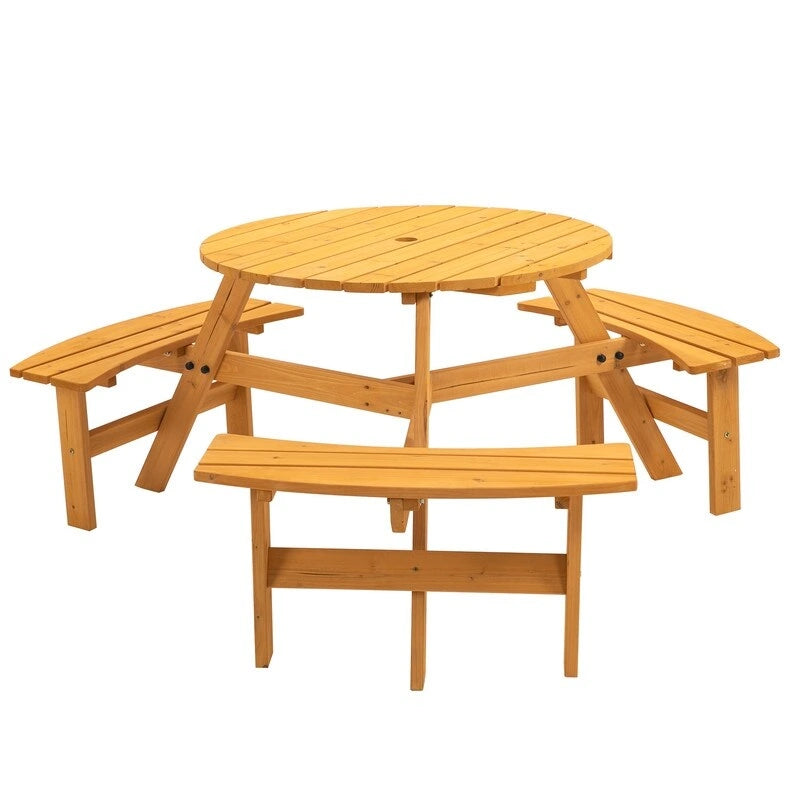 6-Person Round Wooden Outdoor Picnic Table With 3 Built-In Benches, Heavy-Duty 1720lb Capacity For Patio, Backyard.