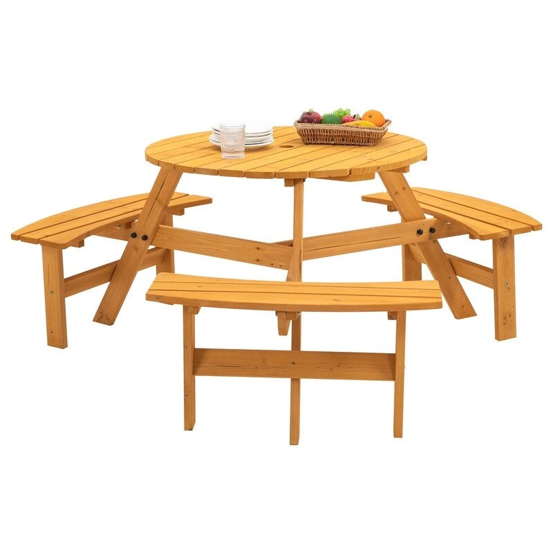 6-Person Round Wooden Outdoor Picnic Table With 3 Built-In Benches, Heavy-Duty 1720lb Capacity For Patio, Backyard.