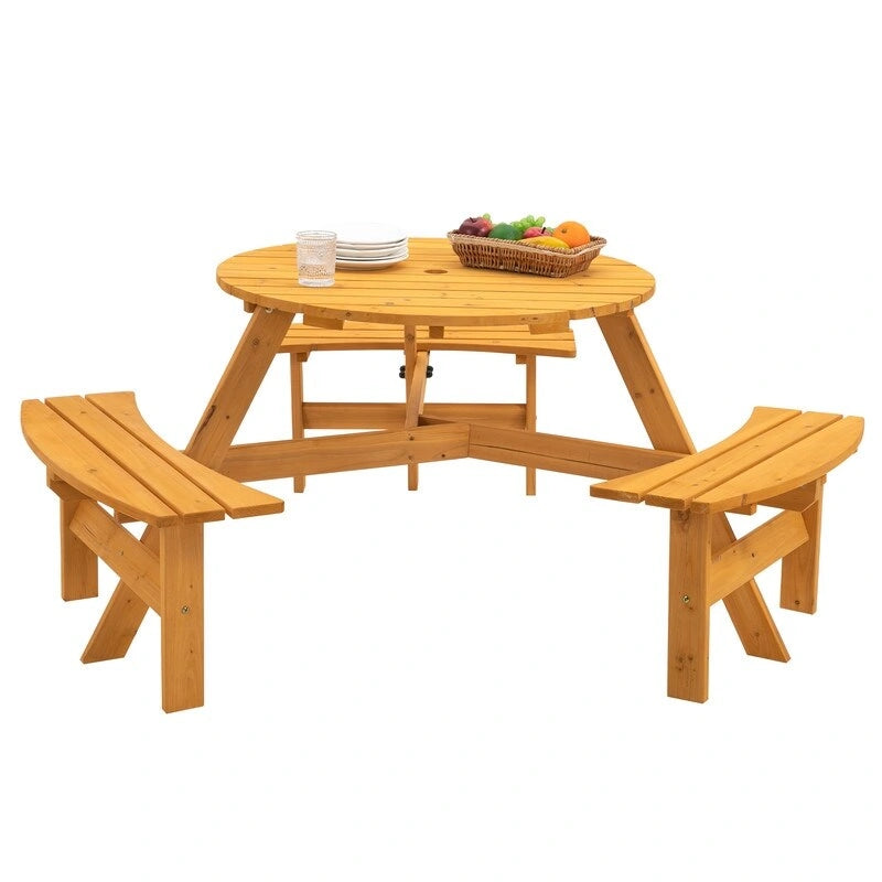 6-Person Round Wooden Outdoor Picnic Table With 3 Built-In Benches, Heavy-Duty 1720lb Capacity For Patio, Backyard.