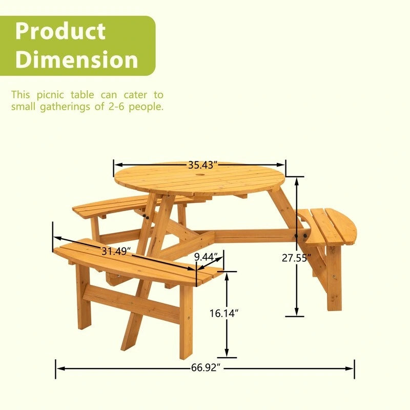 6-Person Round Wooden Outdoor Picnic Table With 3 Built-In Benches, Heavy-Duty 1720lb Capacity For Patio, Backyard.