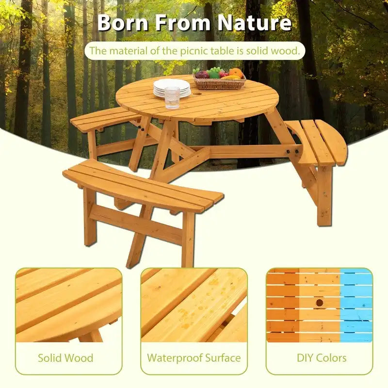 6-Person Round Wooden Outdoor Picnic Table With 3 Built-In Benches, Heavy-Duty 1720lb Capacity For Patio, Backyard.