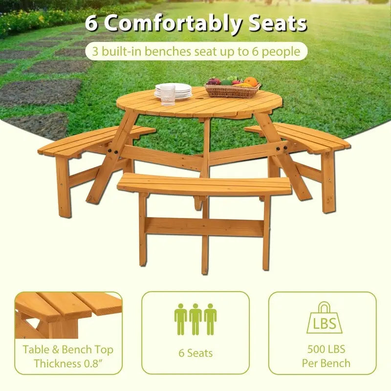 6-Person Round Wooden Outdoor Picnic Table With 3 Built-In Benches, Heavy-Duty 1720lb Capacity For Patio, Backyard.