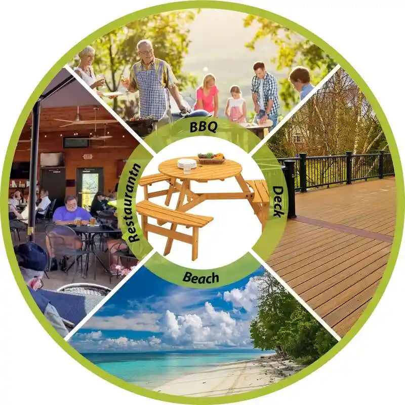 6-Person Round Wooden Outdoor Picnic Table With 3 Built-In Benches, Heavy-Duty 1720lb Capacity For Patio, Backyard.