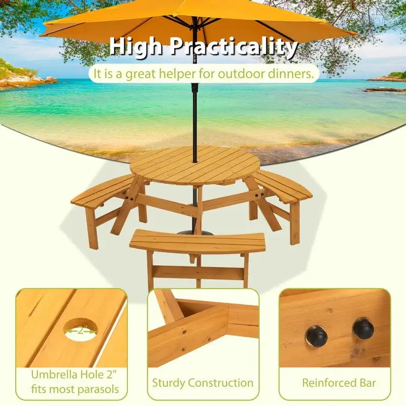 6-Person Round Wooden Outdoor Picnic Table With 3 Built-In Benches, Heavy-Duty 1720lb Capacity For Patio, Backyard.