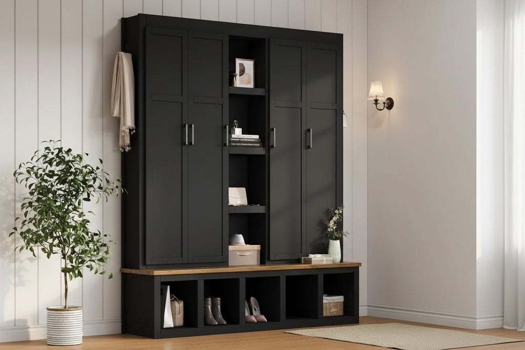 Farmhouse 4-in-1 Hall Tree with Open Display Shelves, Mudroom Shoe Bench with Open Compartments, Entryway Coat Rack with 6 Hooks