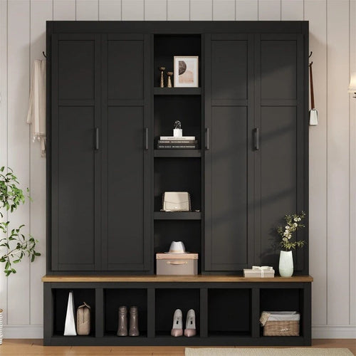 4-in-1 Hall Tree with Shoe Bench, Display Shelves and 6 Coat Hooks - Blue, White and Black