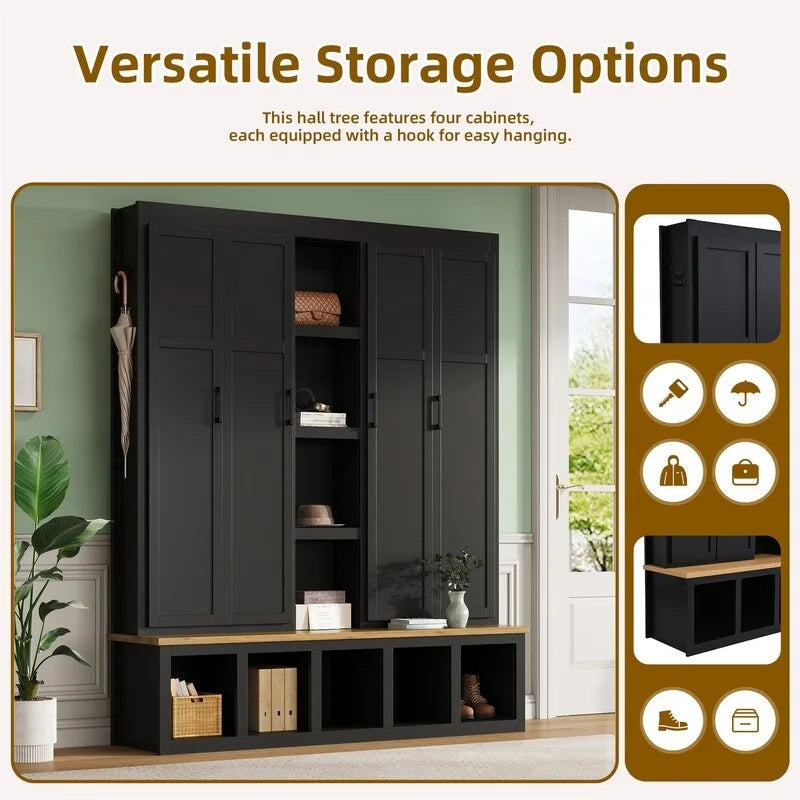 4-in-1 Hall Tree with Shoe Bench, Display Shelves and 6 Coat Hooks - Blue, White and Black