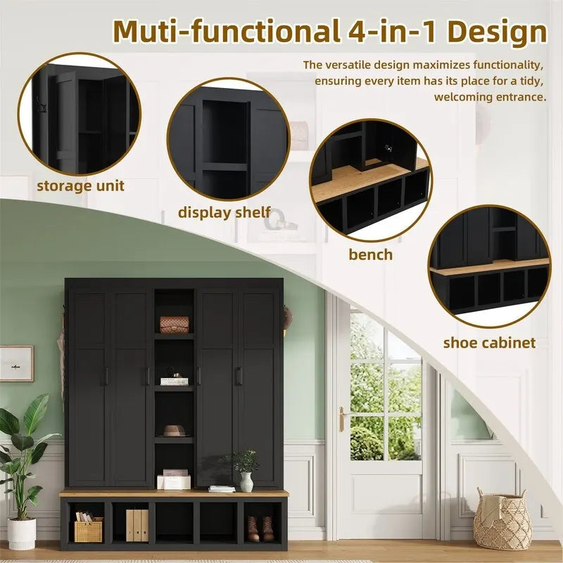 4-in-1 Hall Tree with Shoe Bench, Display Shelves and 6 Coat Hooks - Blue, White and Black