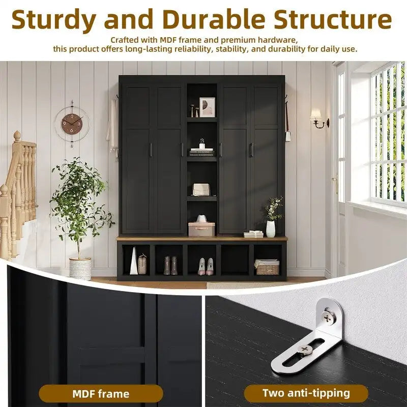 4-in-1 Hall Tree with Shoe Bench, Display Shelves and 6 Coat Hooks - Blue, White and Black