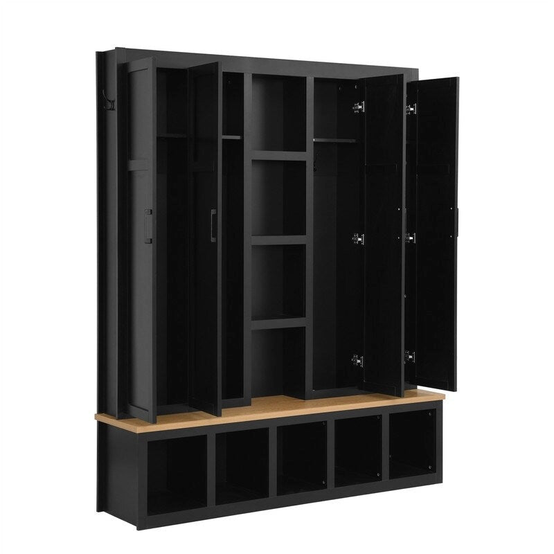 4-in-1 Hall Tree with Shoe Bench, Display Shelves and 6 Coat Hooks - Blue, White and Black