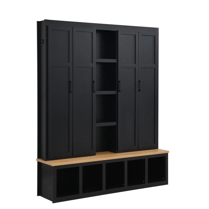 4-in-1 Hall Tree with Shoe Bench, Display Shelves and 6 Coat Hooks - Blue, White and Black